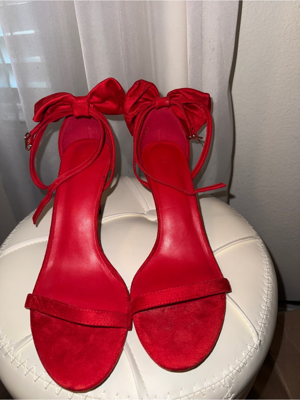 Red bow Ankle-Tie Open-Toe Heels